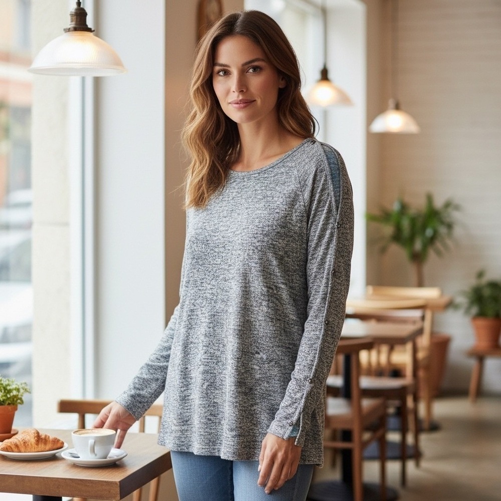 PerSeption Concept Knit Top Women M Grey Split Beaded Sleeve Stretch Minimalist
